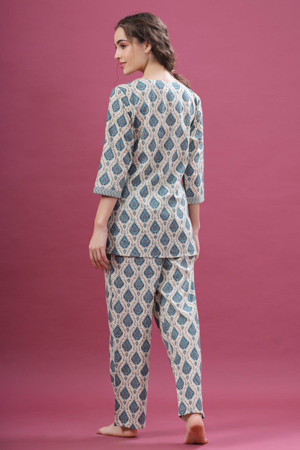 Traditional Motif on Off-white Loungewear Top Set