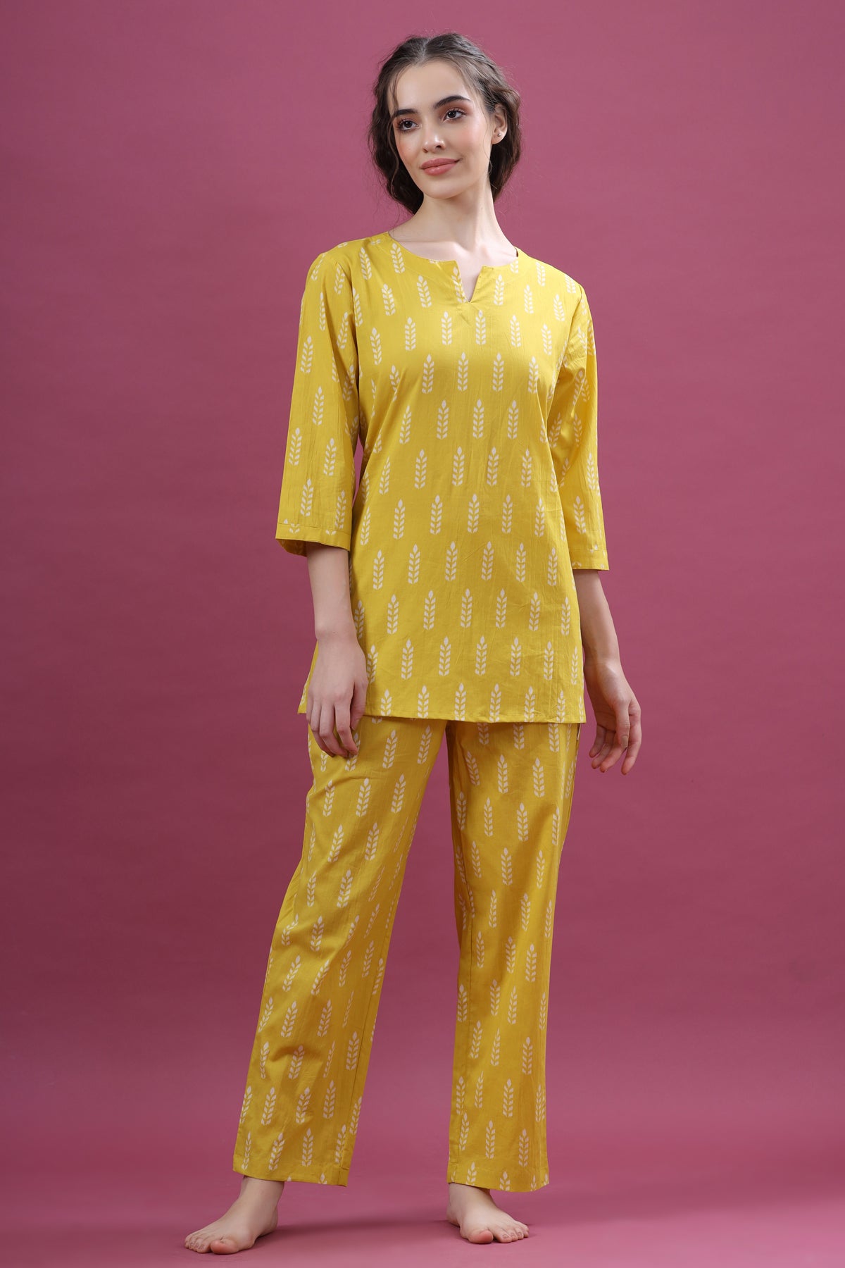 Minimalist Motif On Yellow Loungewear Top Set