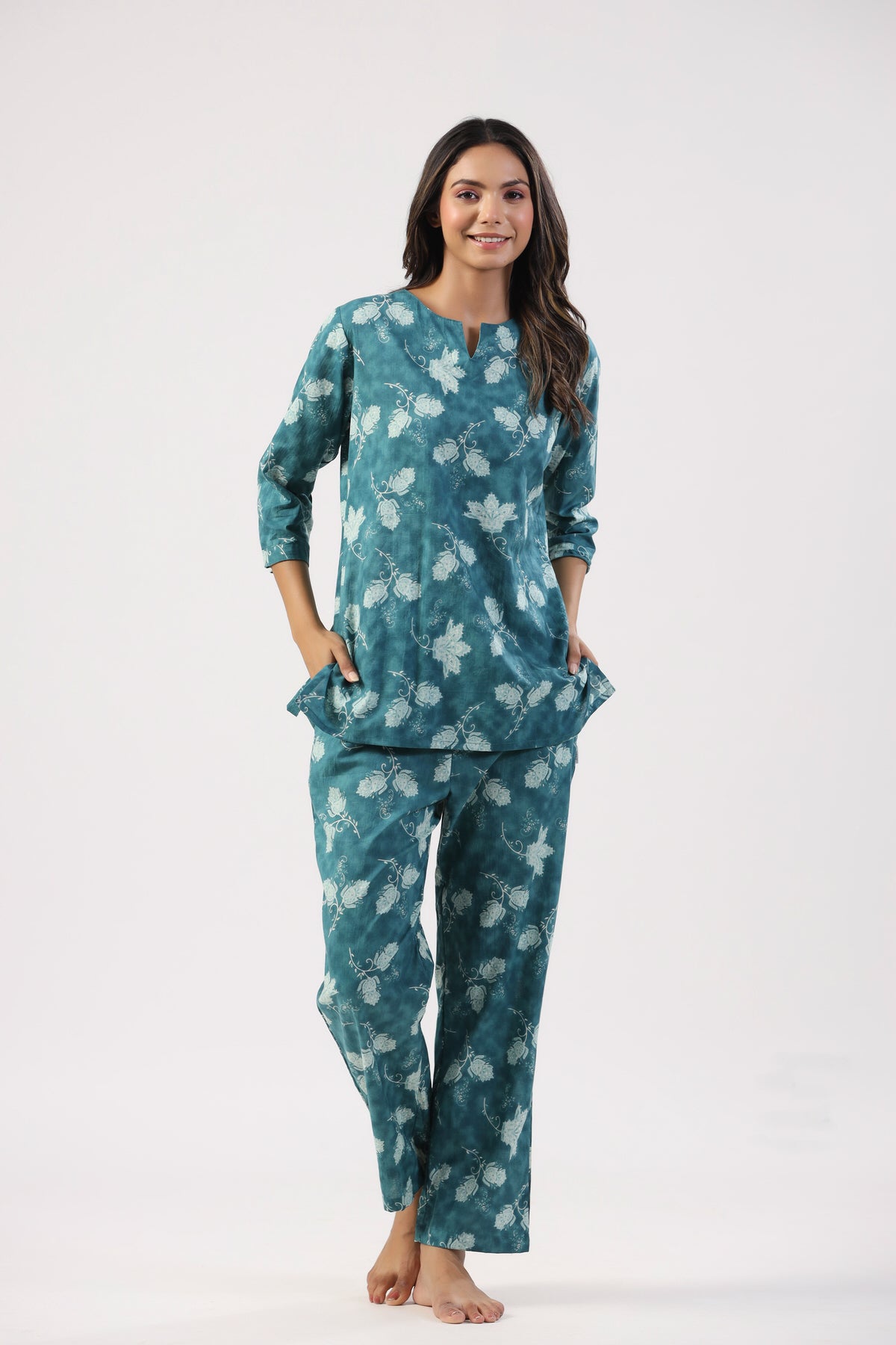 Teal Tropics Cotton Loungewear Top Set