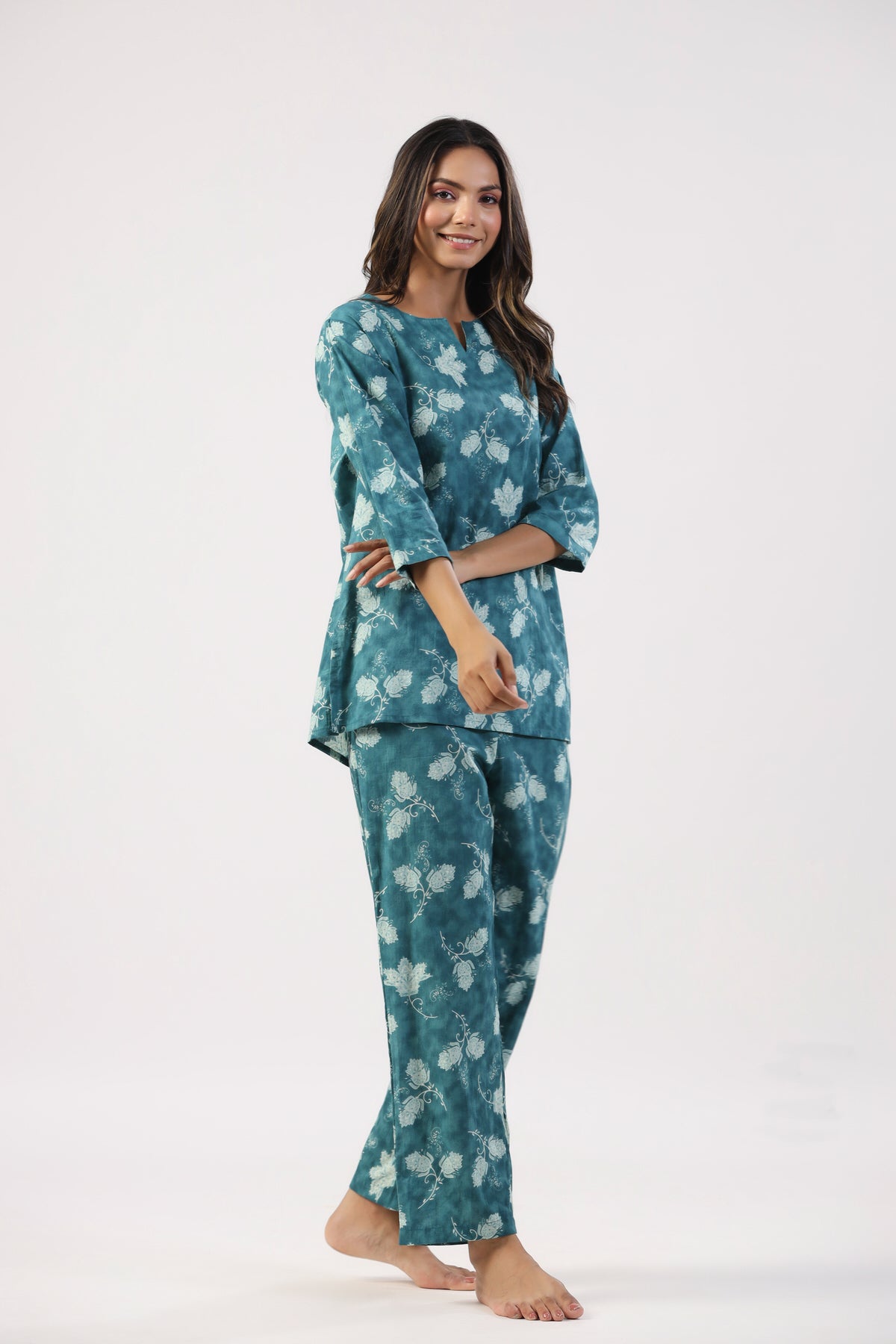 Teal Tropics Cotton Loungewear Top Set