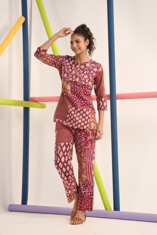 Patch Print on Maroon Cotton Loungewear Set