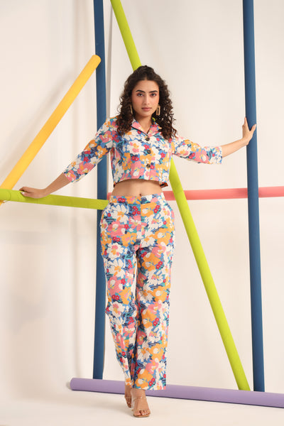 Abstract Floral On Buttoned Cotton Co-ord Set