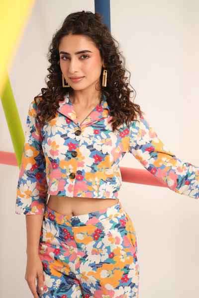 Abstract Floral On Buttoned Cotton Co-ord Set