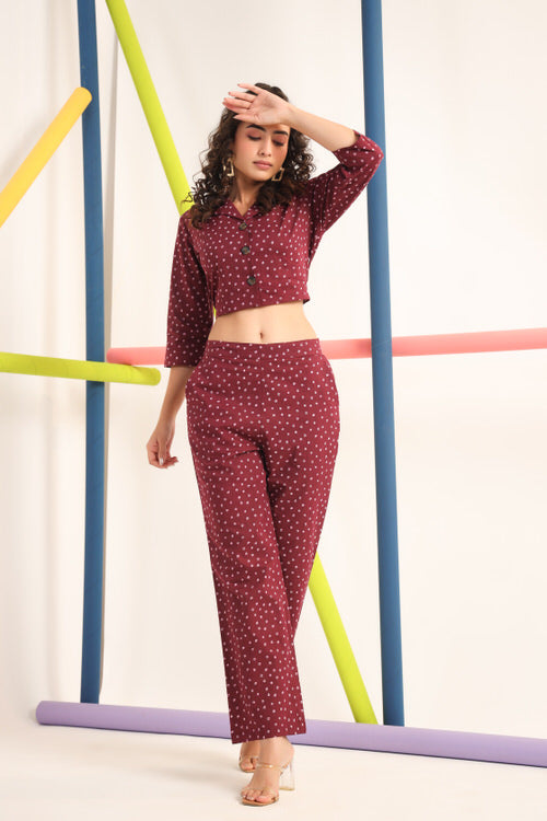 Polka Dots on Maroon Cotton Co ord Set