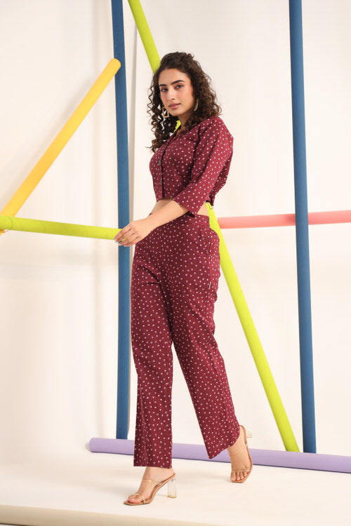 Polka Dots on Maroon Cotton Co ord Set