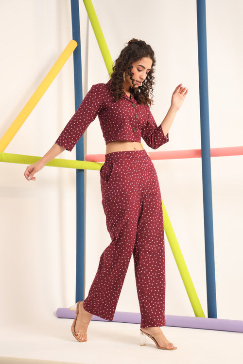 Polka Dots on Maroon Cotton Co ord Set