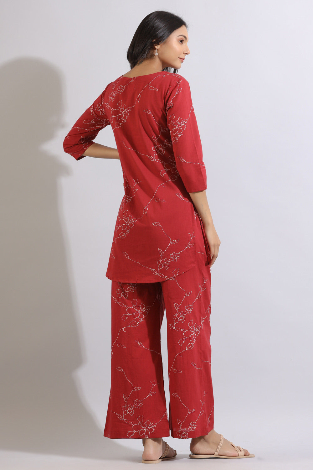 Floral Dots on Maroon Cotton Loungewear Set