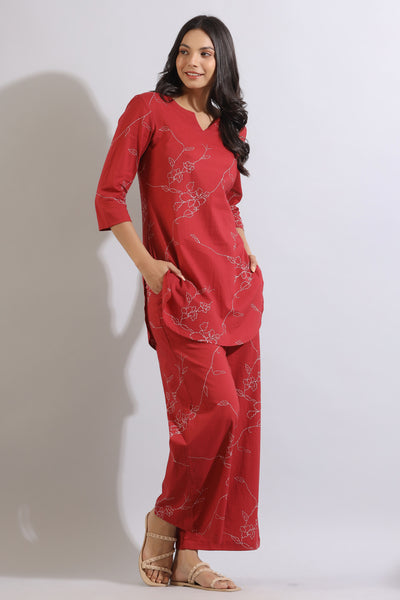 Floral Dots on Maroon Cotton Loungewear Set