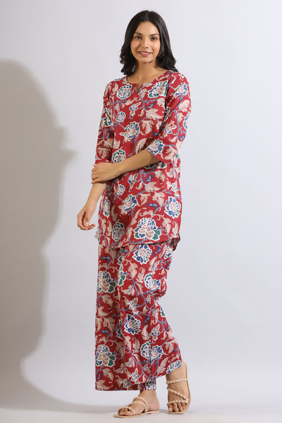 Floral Jaal on Cotton Red Lounge Set