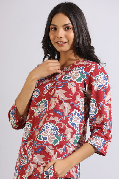 Floral Jaal on Cotton Red Lounge Set
