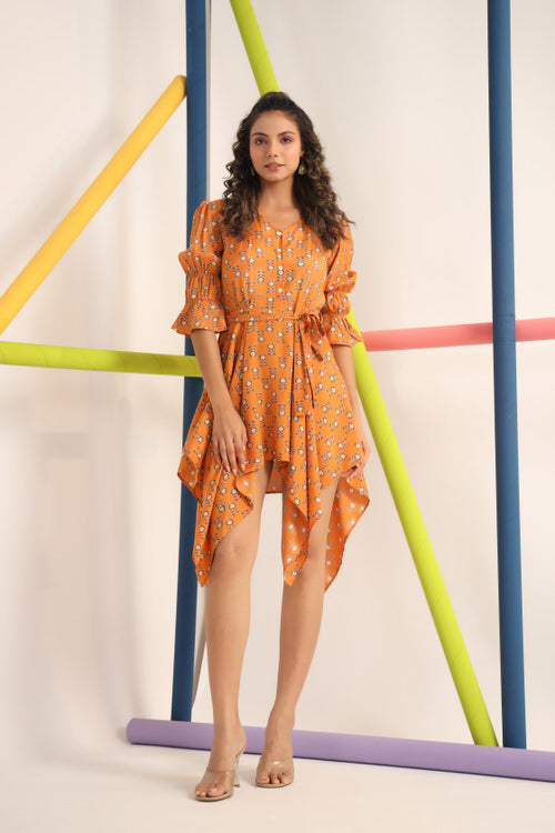 Motif on Orange Silk Mini Dress