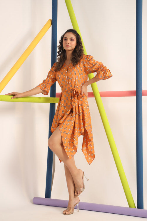 Motif on Orange Silk Mini Dress