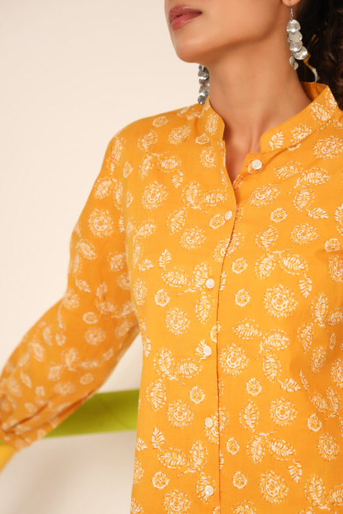 Floral Imprint on Mustard Cotton Top