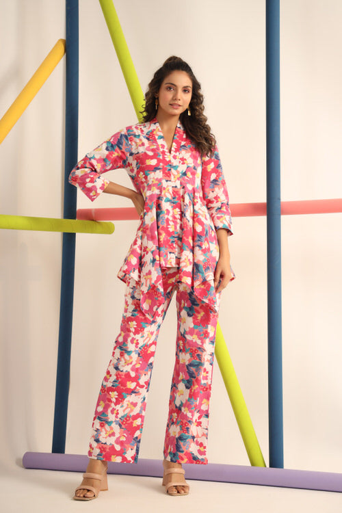 Abstract Bright Floral on Cotton Upside down Co ord Set
