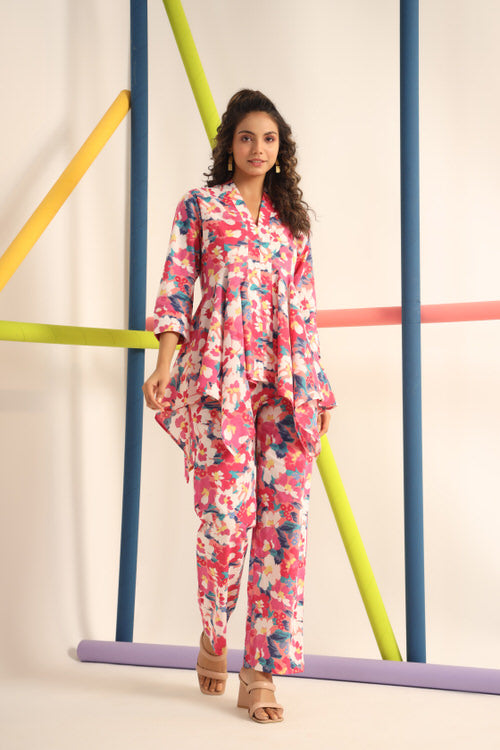 Abstract Bright Floral on Cotton Upside down Co ord Set
