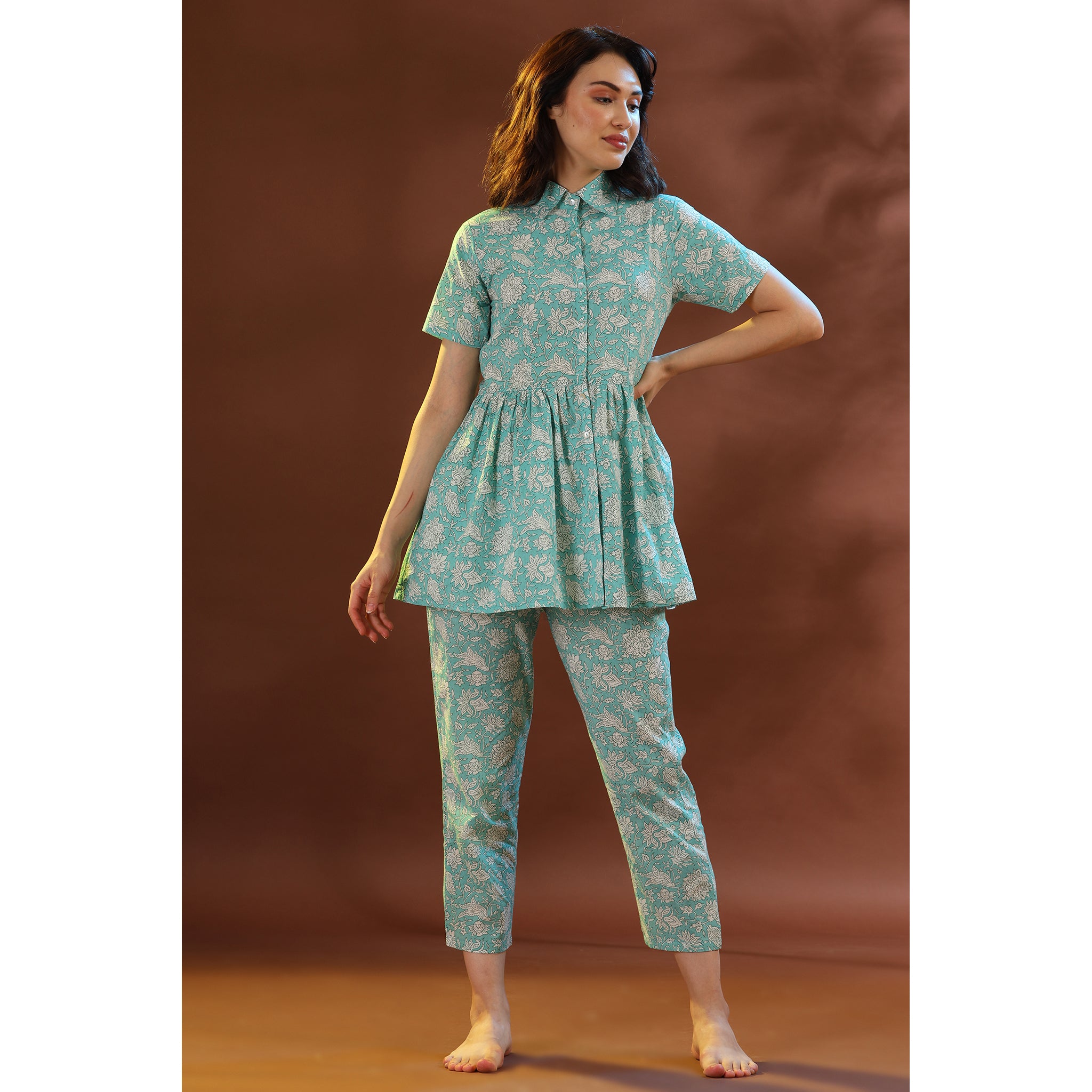 Nomadic Folk on Light Blue Loungewear Top Set