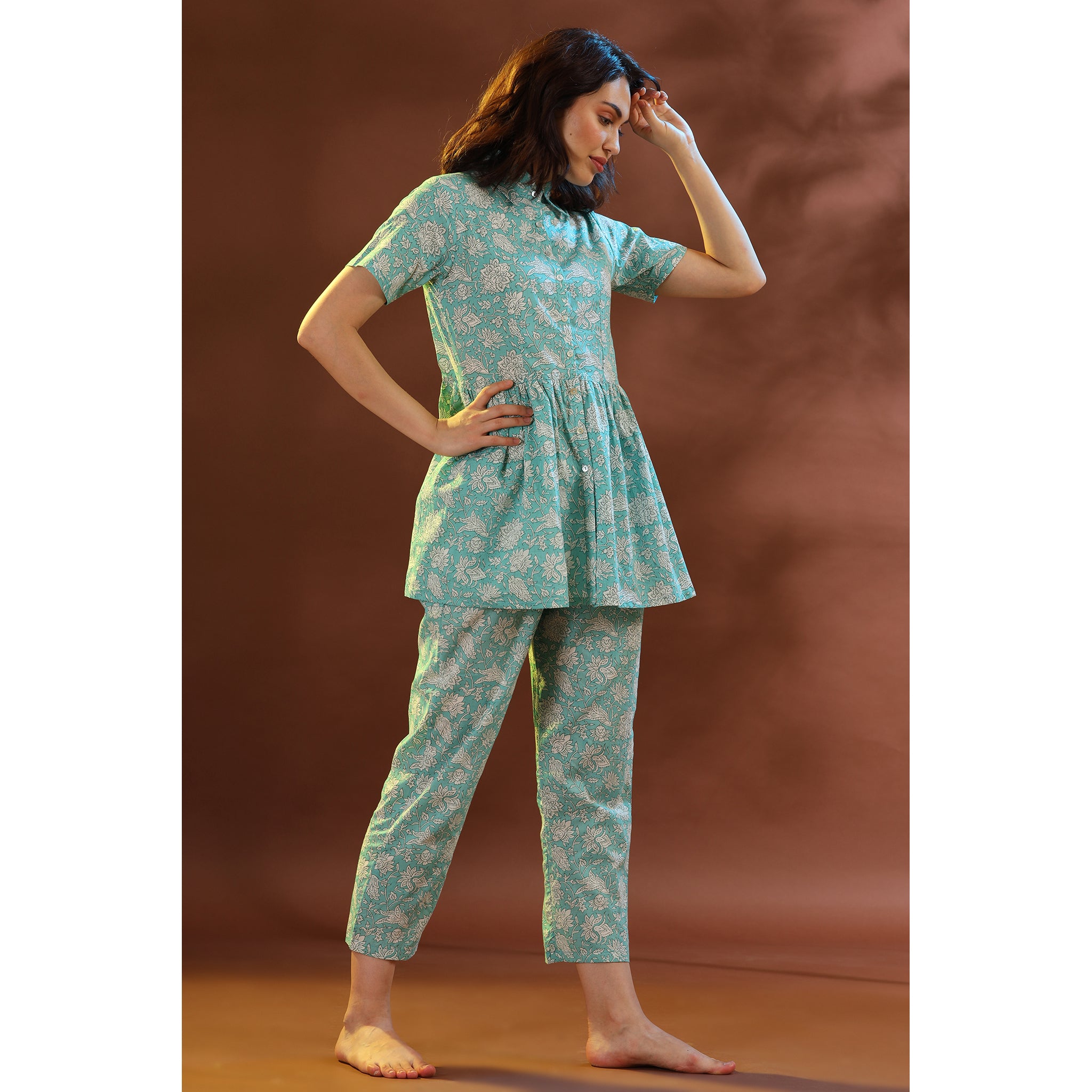 Nomadic Folk on Light Blue Loungewear Top Set