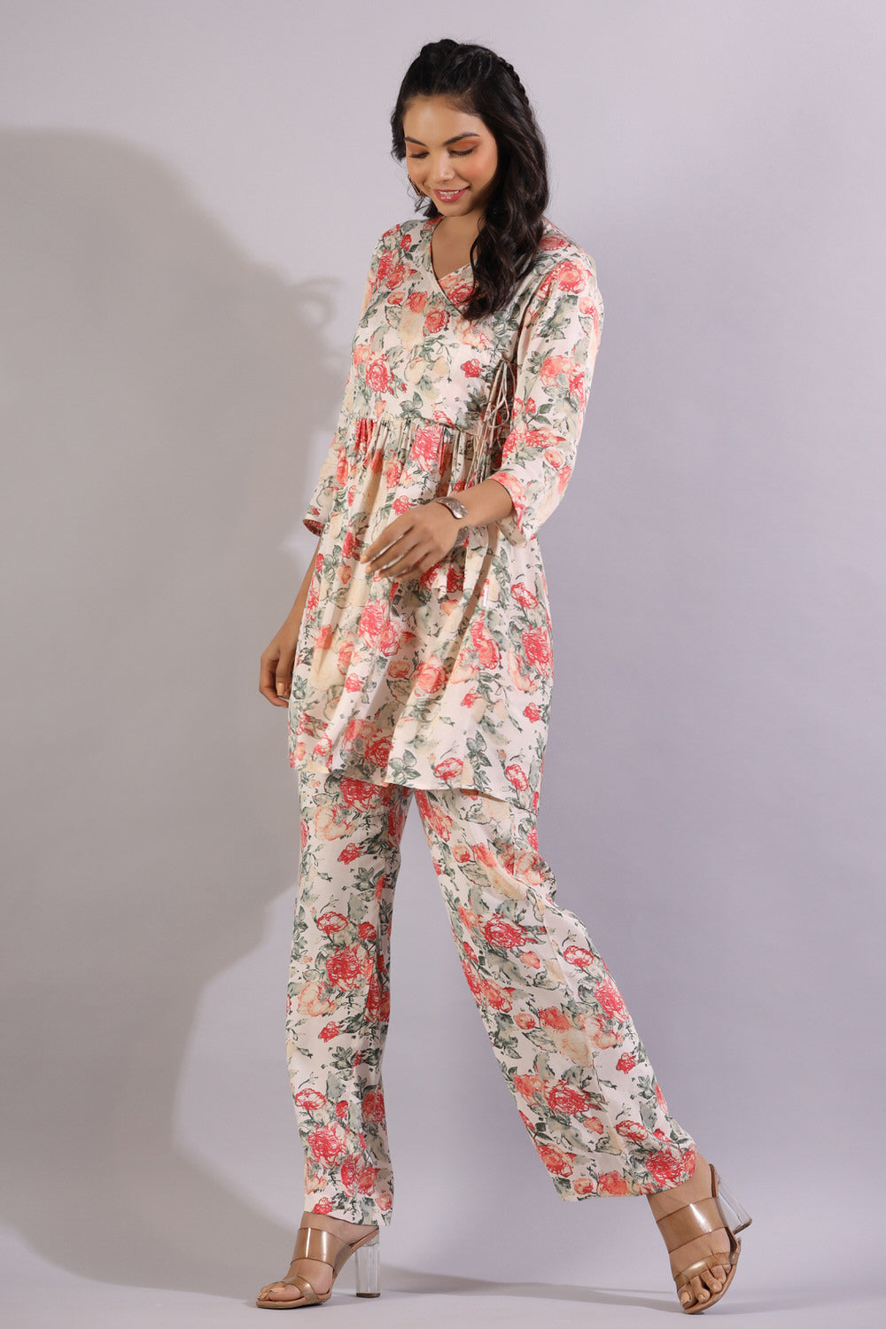 Floral Jaal On White Angrakha Silk Co-ord Set