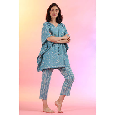 Patterned Adventure on Sky Blue Kaftan Pyjama Set