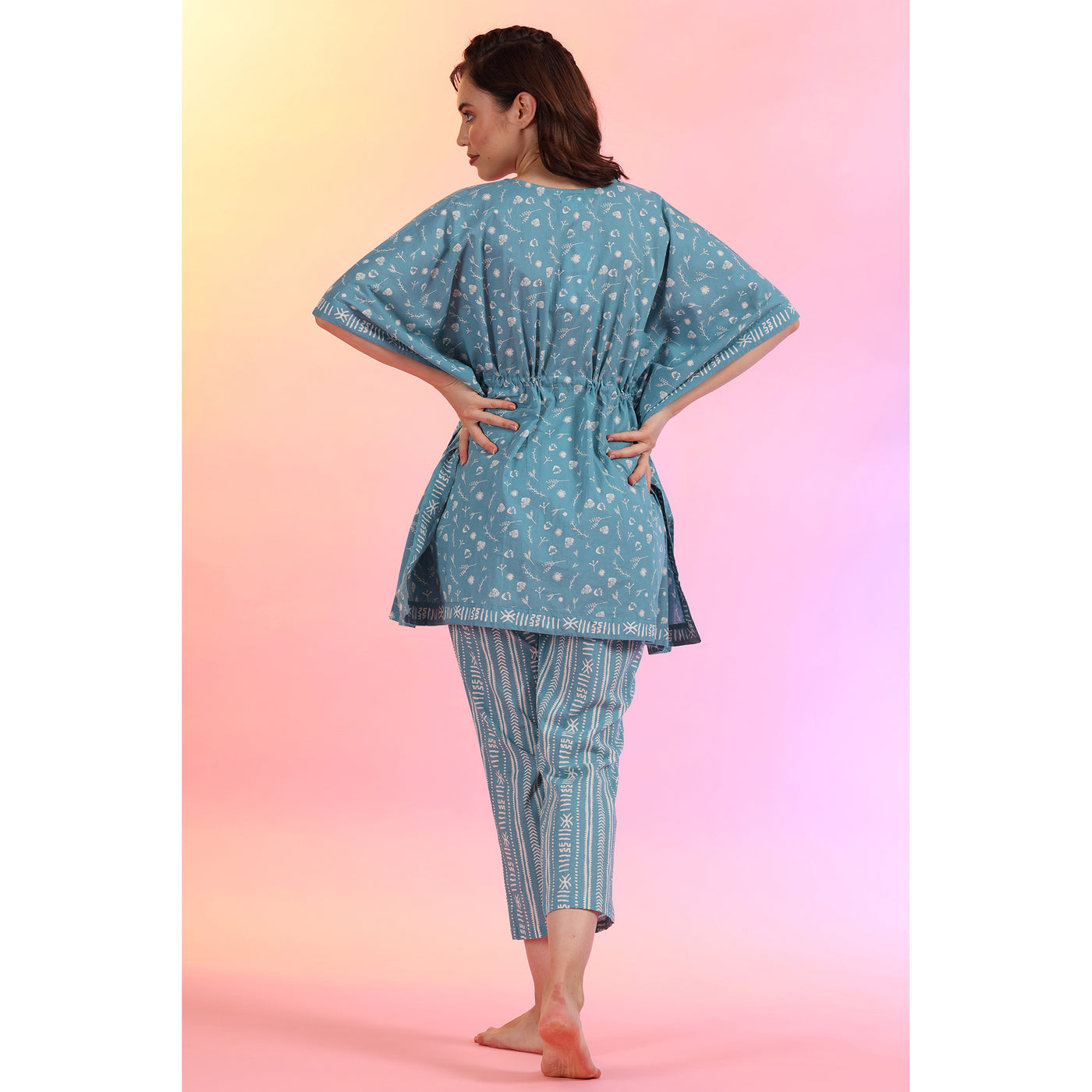 Patterned Adventure on Sky Blue Kaftan Pyjama Set