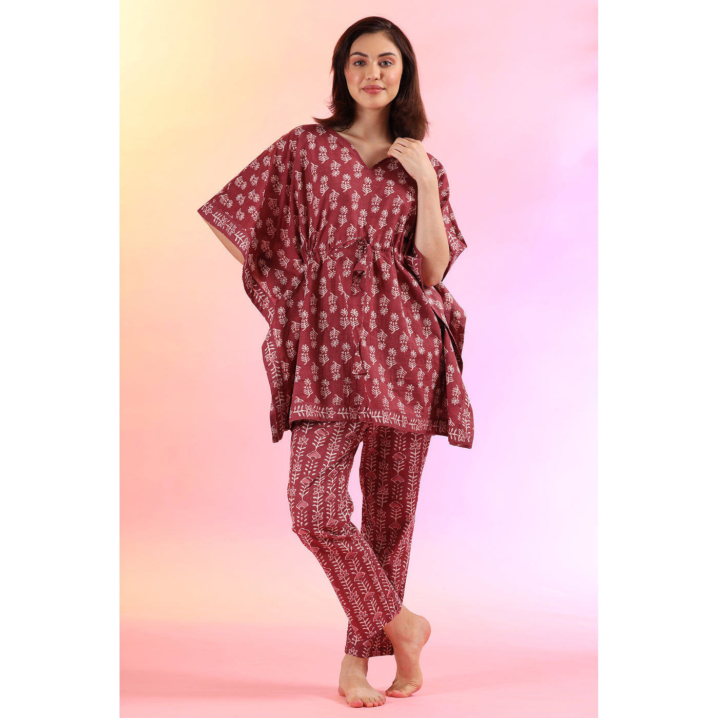Flowers with Stripes on Wine Kaftan Pyjama Set