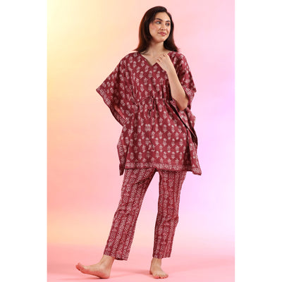 Flowers with Stripes on Wine Kaftan Pyjama Set