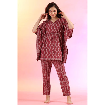 Flowers with Stripes on Wine Kaftan Pyjama Set