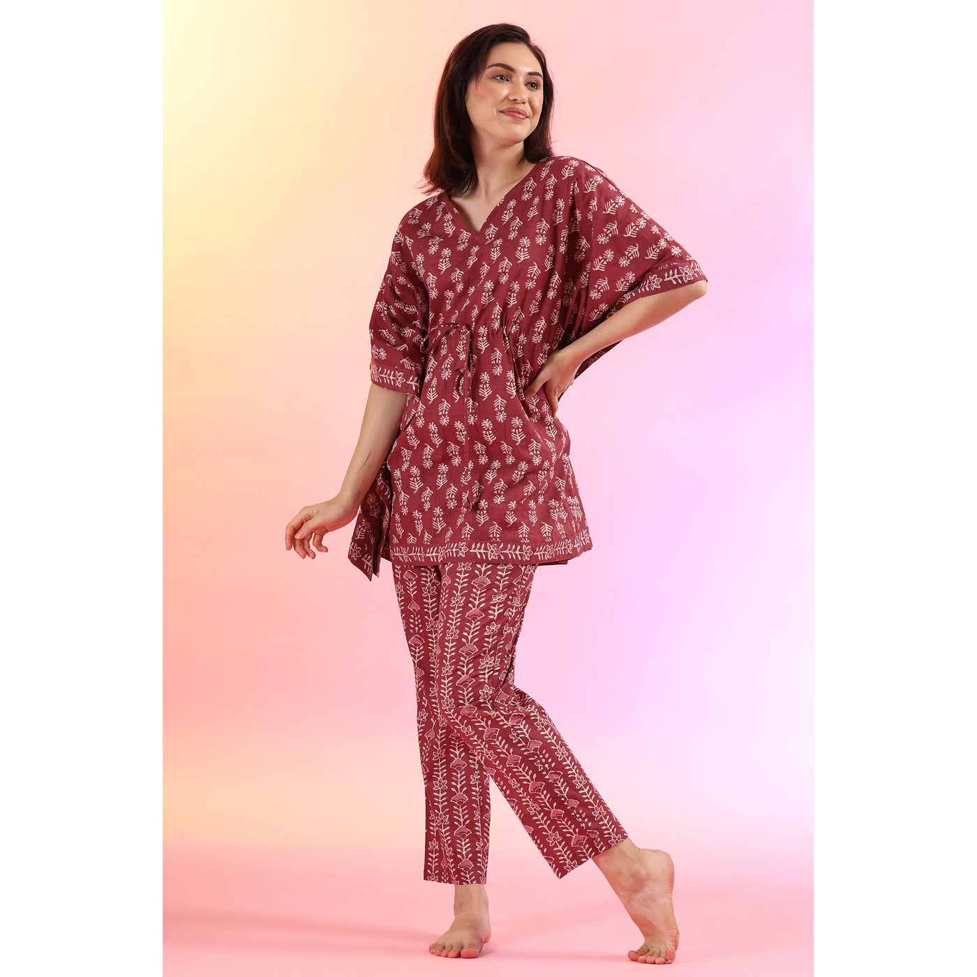 Flowers with Stripes on Wine Kaftan Pyjama Set