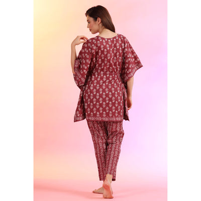 Flowers with Stripes on Wine Kaftan Pyjama Set