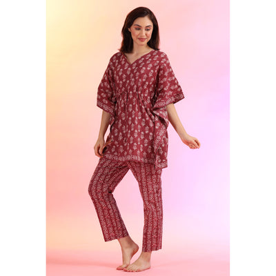 Flowers with Stripes on Wine Kaftan Pyjama Set