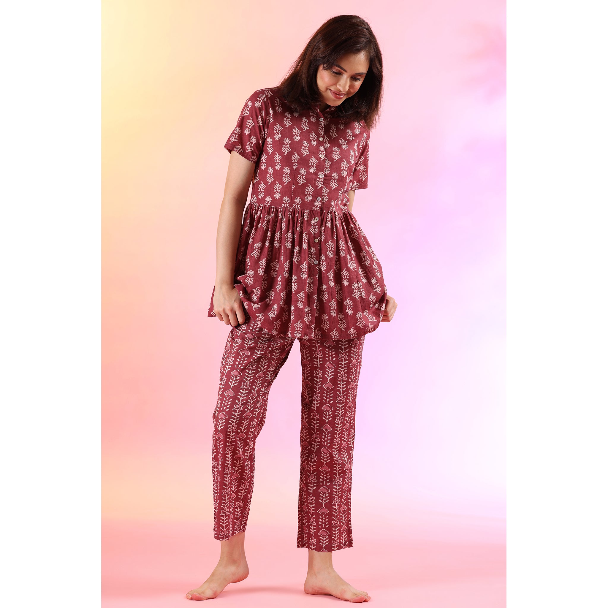 Flowers with Stripes on Wine Loungewear Top Set