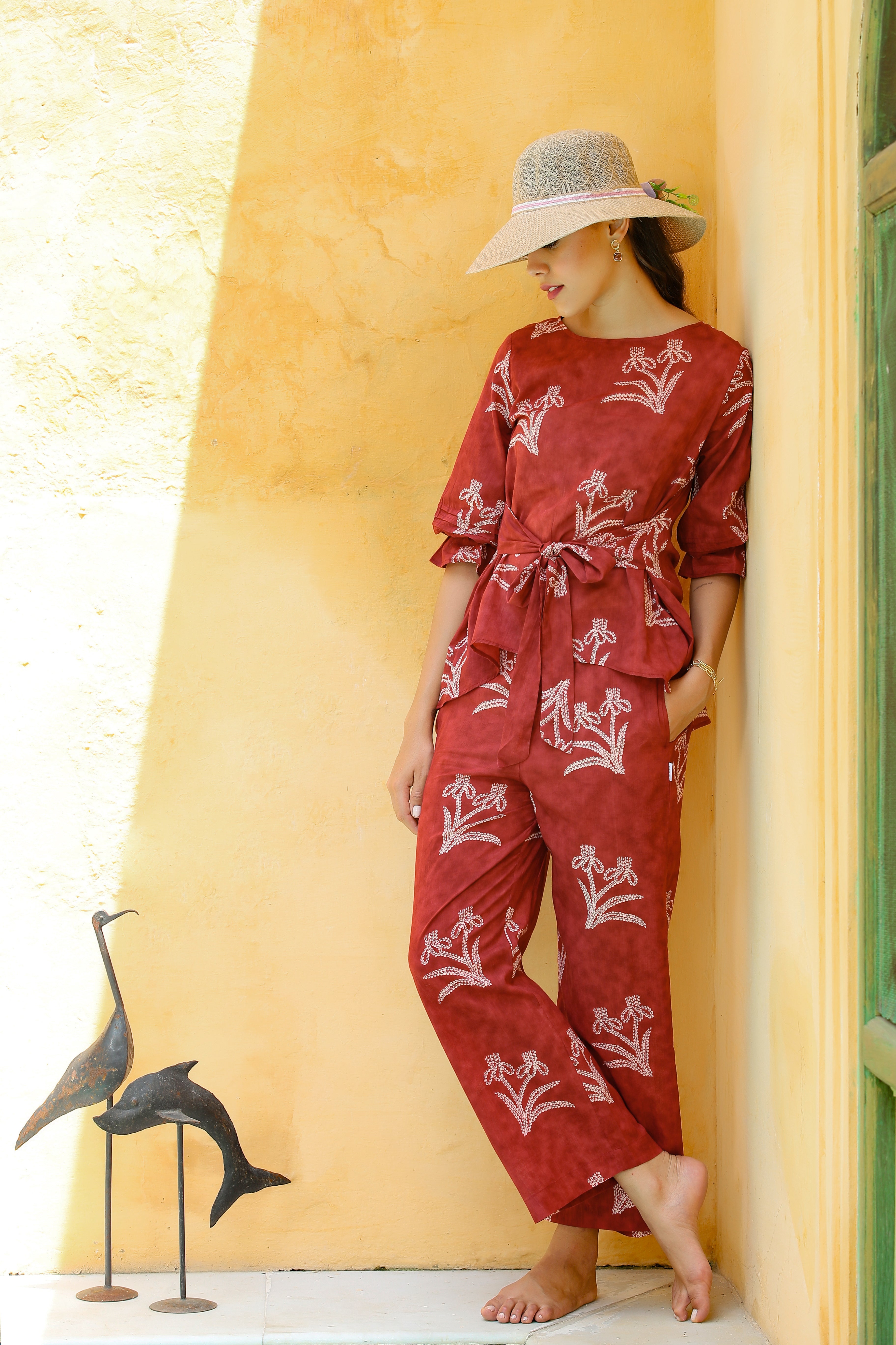 Shibori with Front Knot on Maroon Co-ord Set