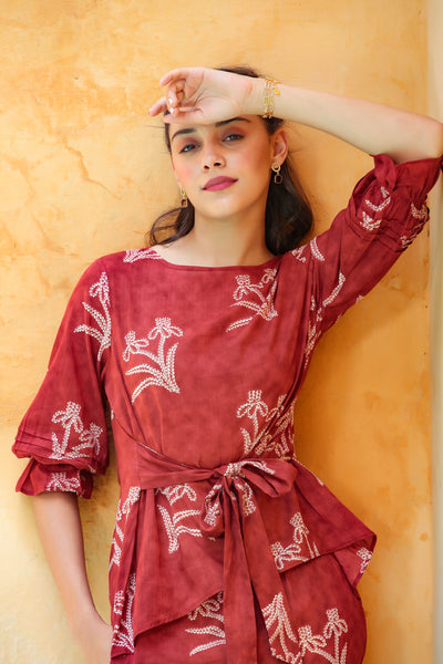 Shibori with Front Knot on Maroon Co-ord Set
