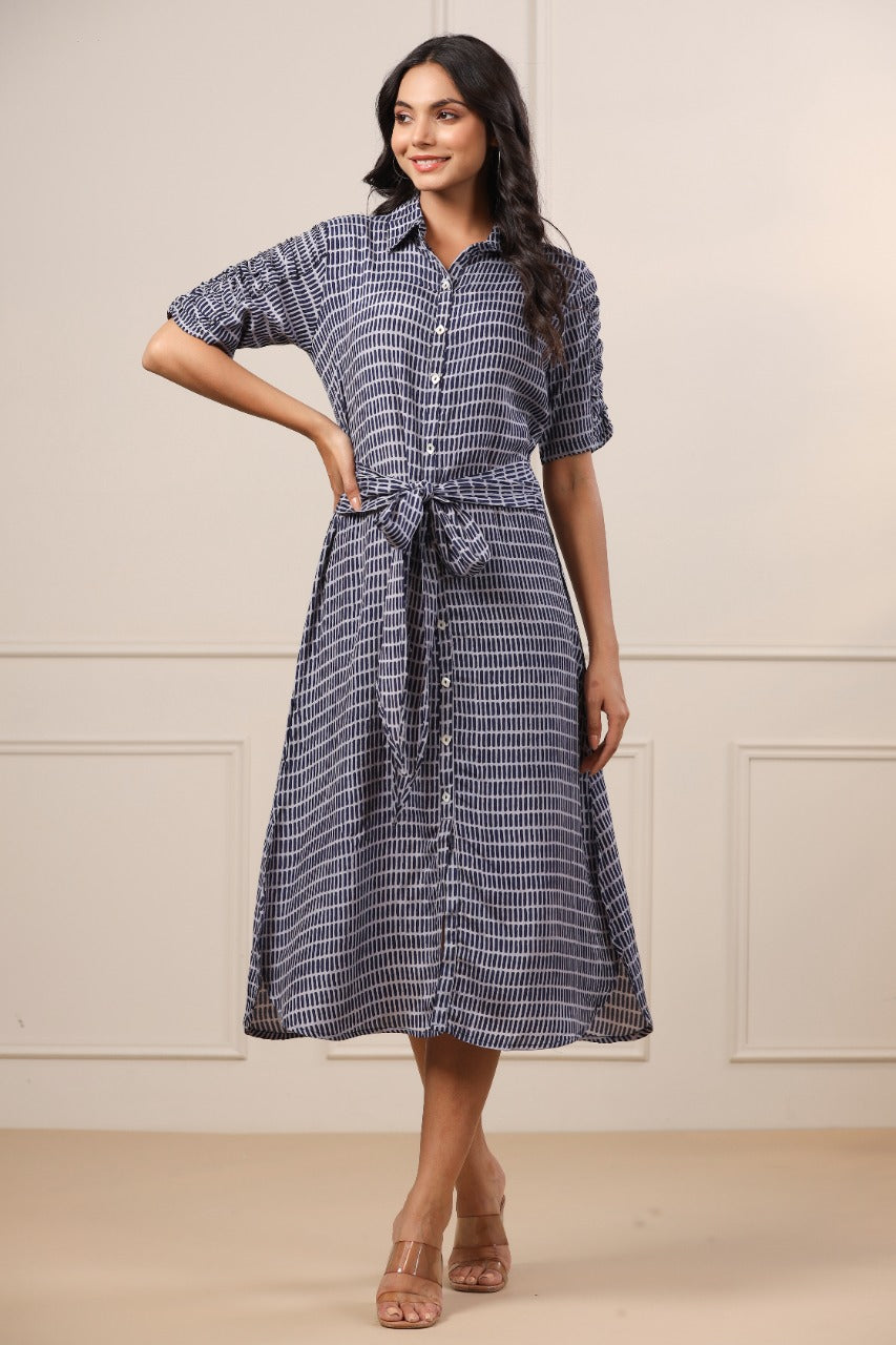 Abstract Blue Buttoned Russian Silk MIDI Dress