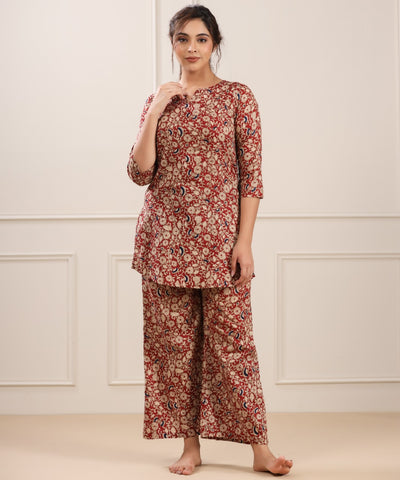 Floral Canopy on Red Cotton Loungewear Set