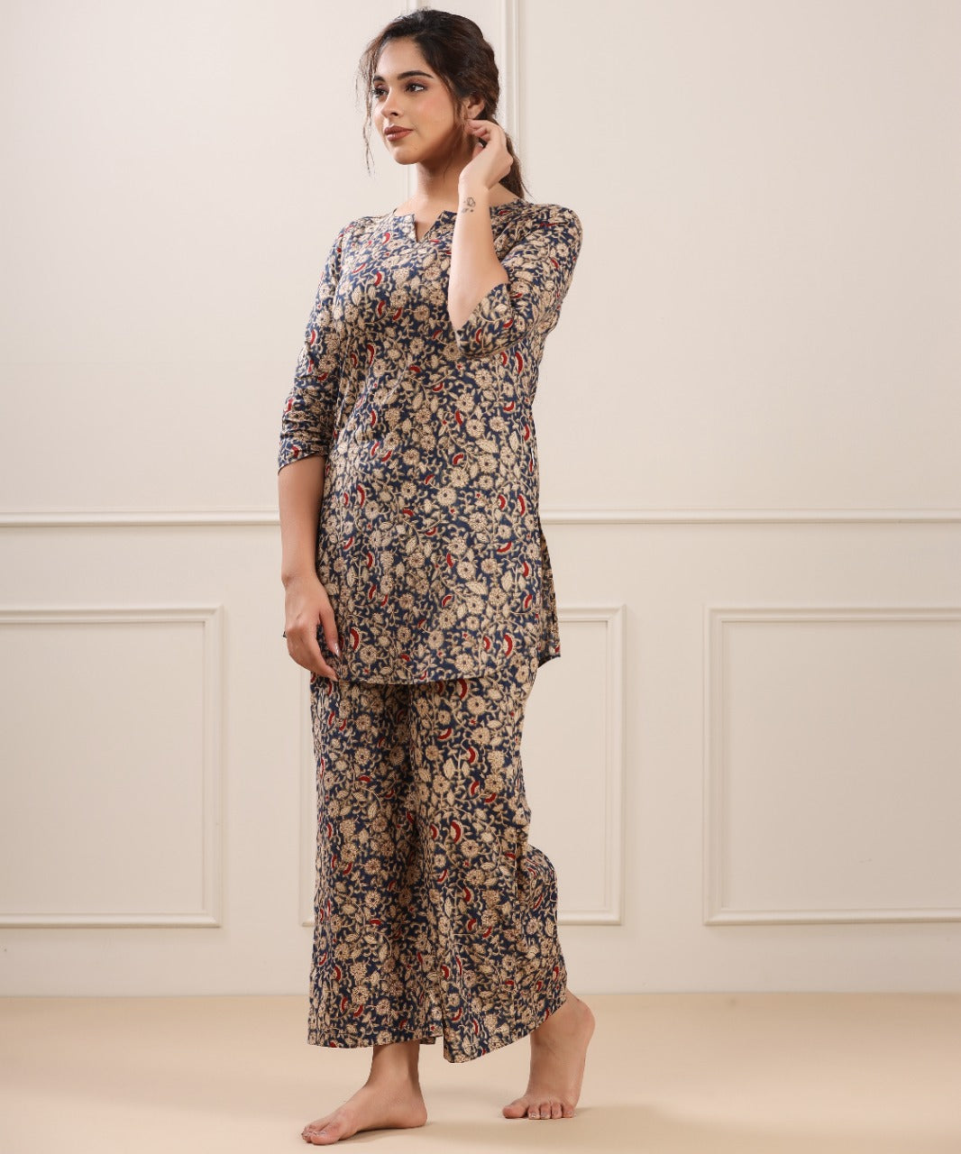 Floral Canopy on Blue cotton Palazzo Loungewear Set