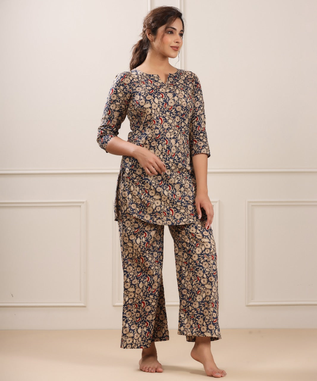 Floral Canopy on Blue cotton Palazzo Loungewear Set