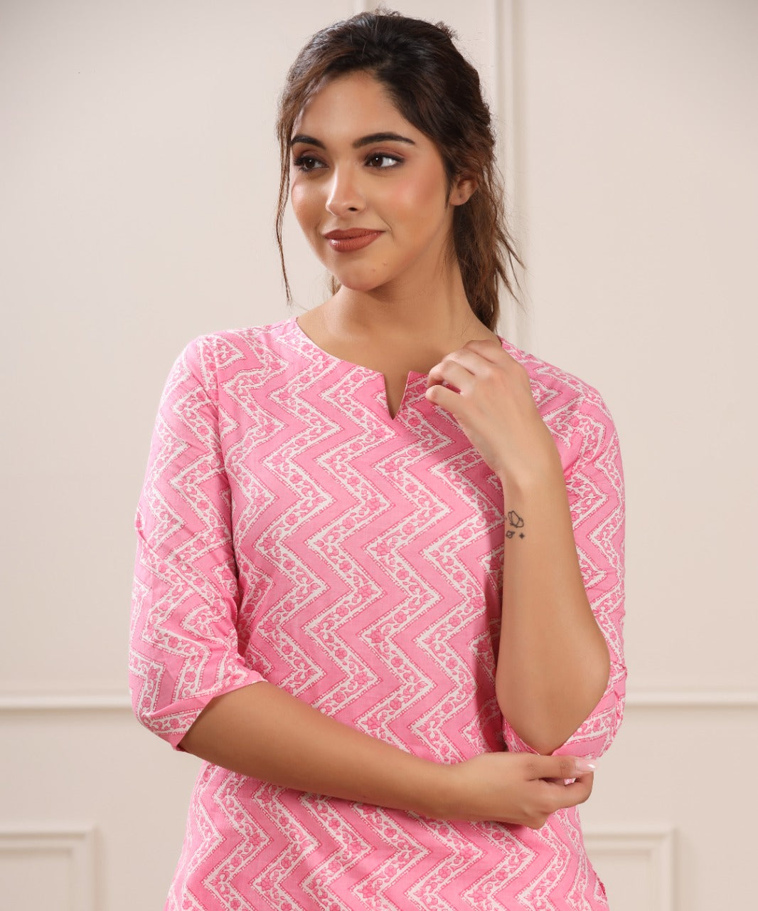 Patterned Zigzag on Cotton Pink Palazzo Loungewear Set