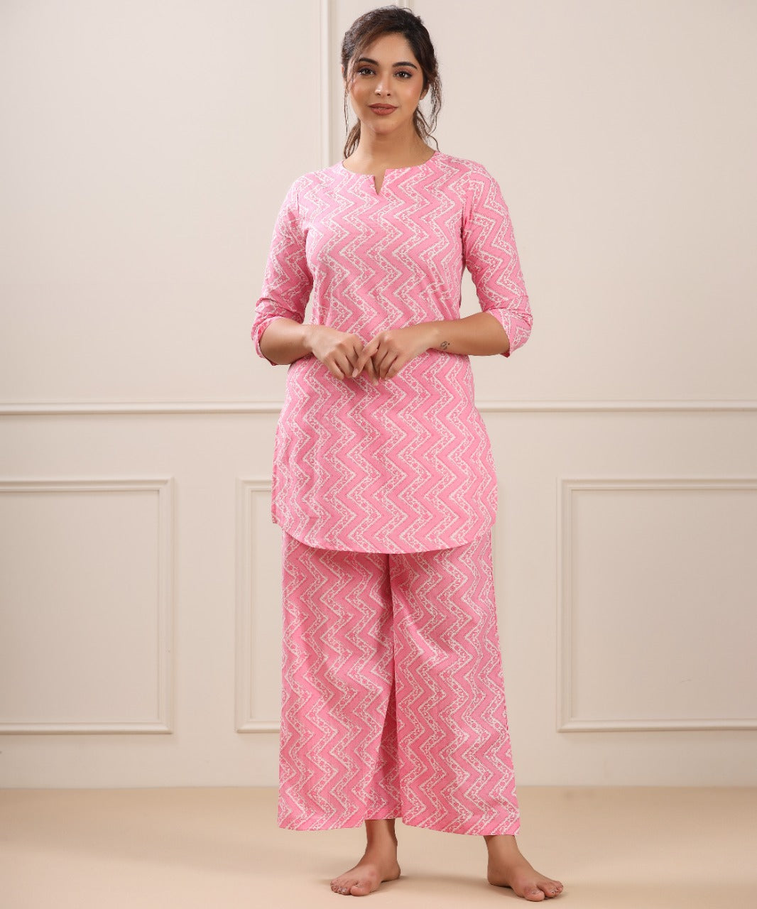 Patterned Zigzag on Cotton Pink Palazzo Loungewear Set