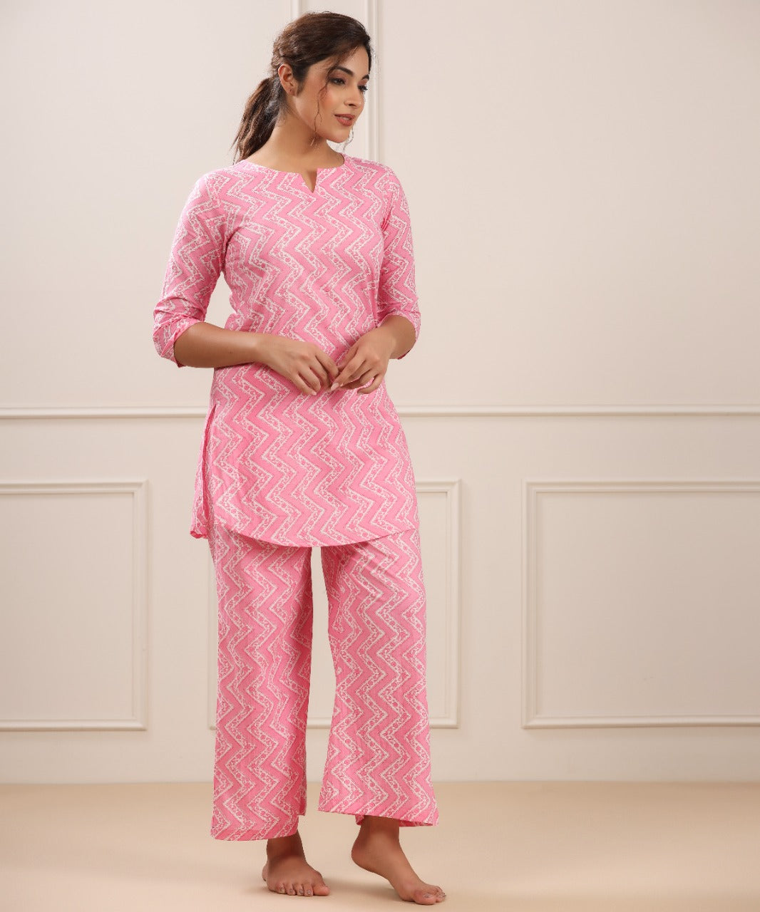 Patterned Zigzag on Cotton Pink loungewear set