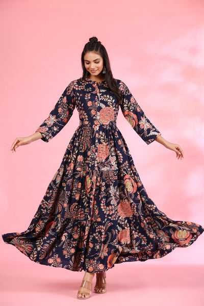 Gulmohar on Blue Russian Silk Maxi Dress