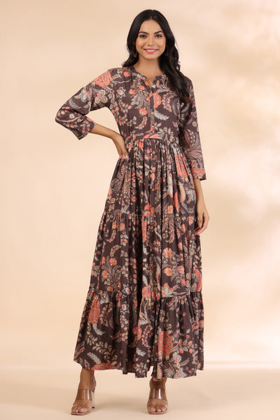 Gulmohar on Brown Silk Maxi Dress