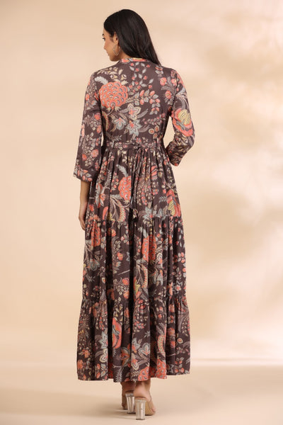 Gulmohar on Brown Silk Maxi Dress
