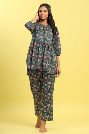 Teal Love on Cotton Peplum Loungewear Top Set