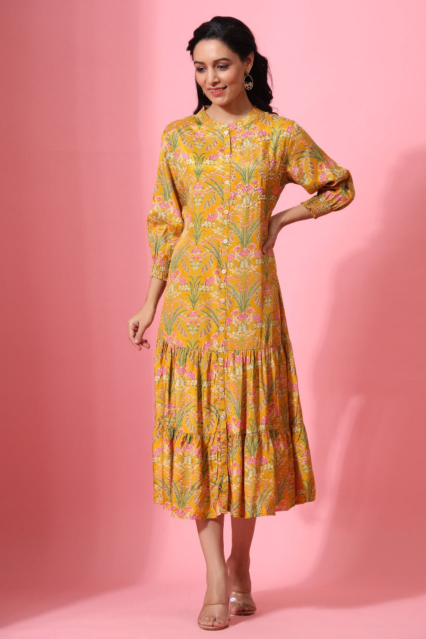 Forrest Enchanted on Mustard Silk midi Dress