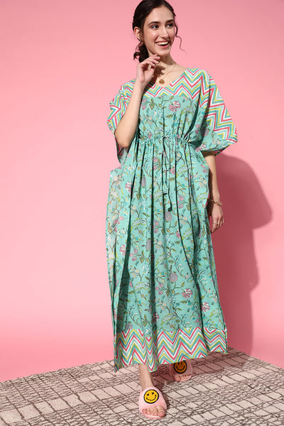Floral Mosaic On Pastel Blue Kaftan JISORA