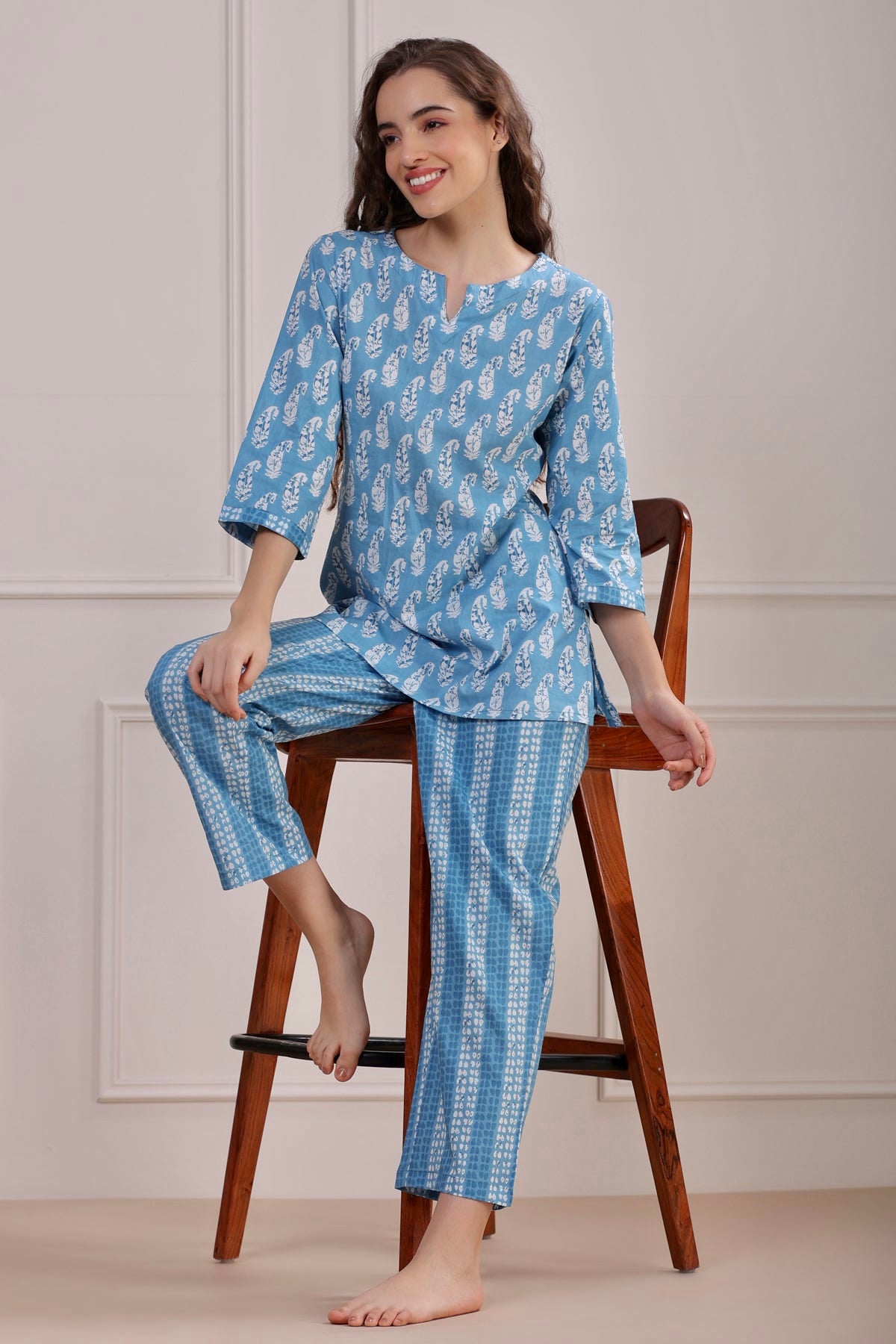 Paisley with Stripes on Blue Loungewear Top Set