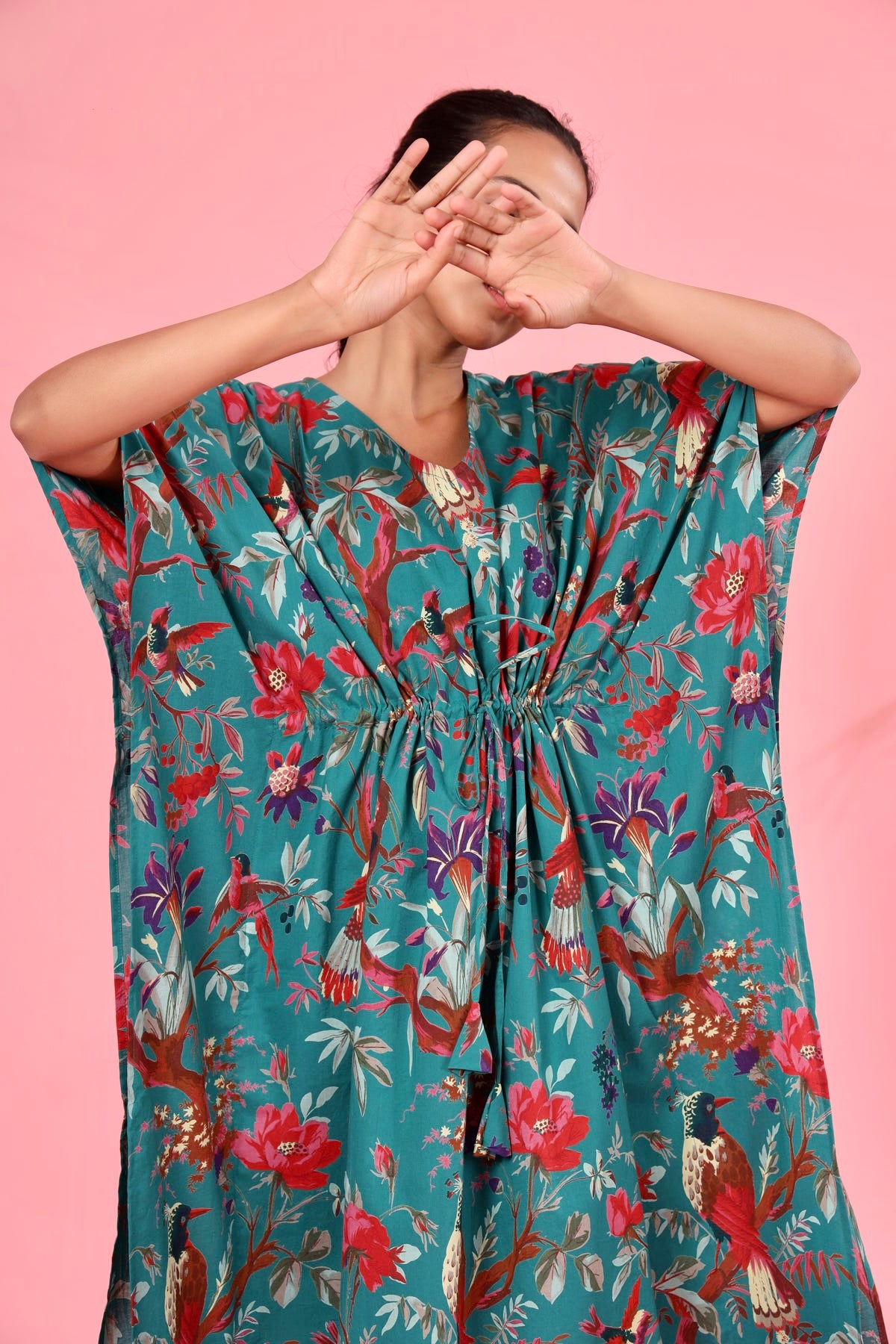 Chirping Bird on Teal Kaftan