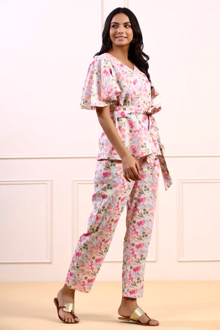 Cherry Blossom on Off white Loungewear Top Set