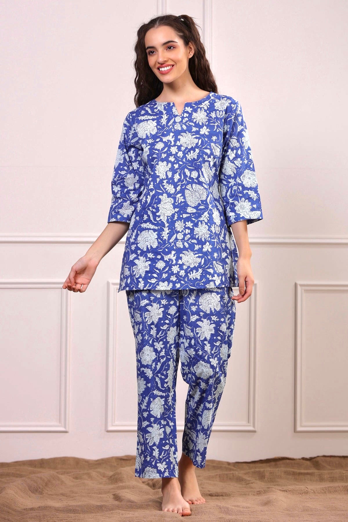 Floral Jaal On Blue Loungewear Top Set